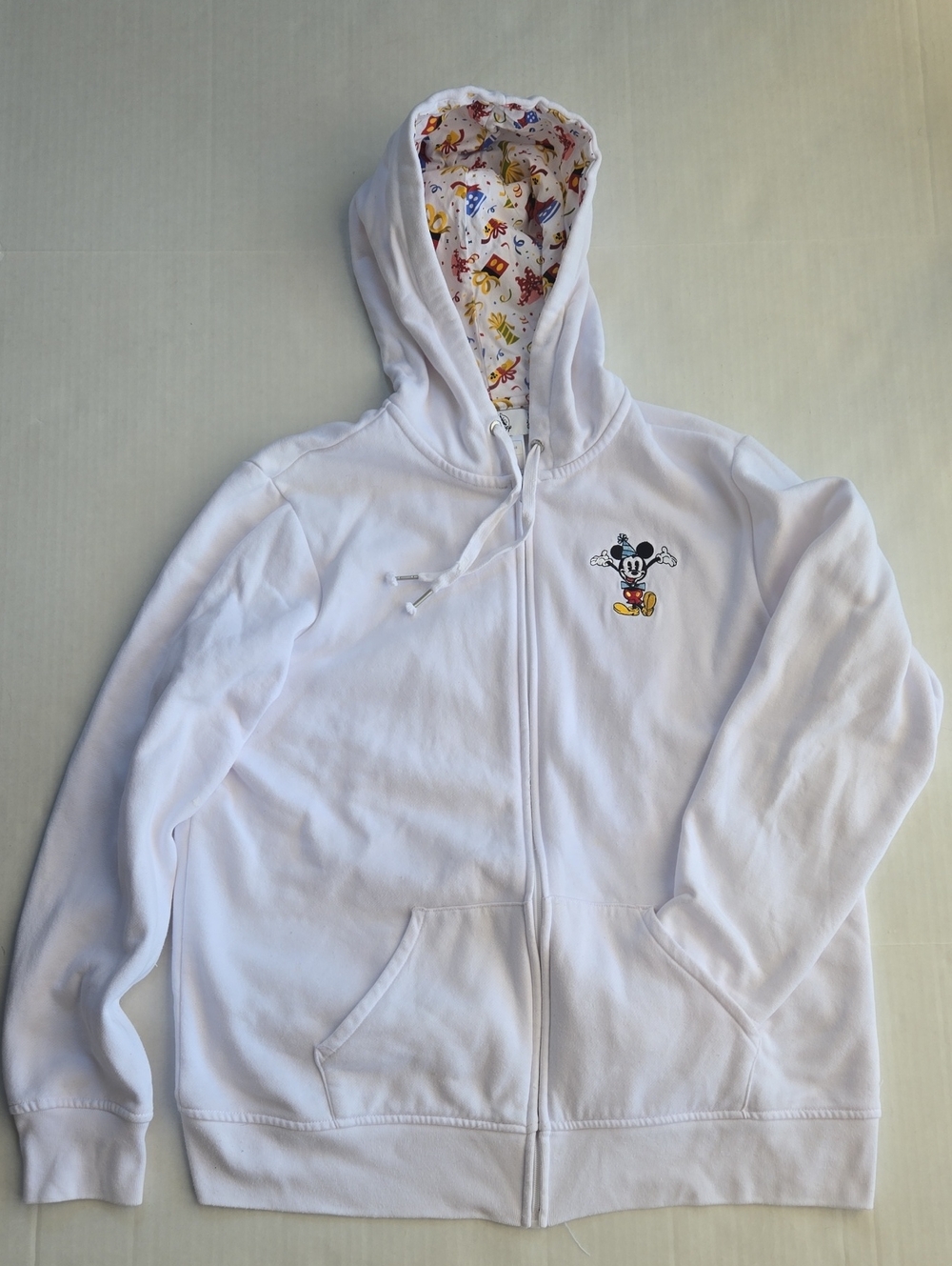 Disney Mickey Let's Celebrate Women's White Zip-Up Hoodie Character Embroidery